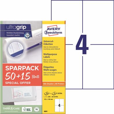 Avery Zweckform® 6601 6601 Universal-Etiketten ultragrip - 105 x 148 mm, weiß,