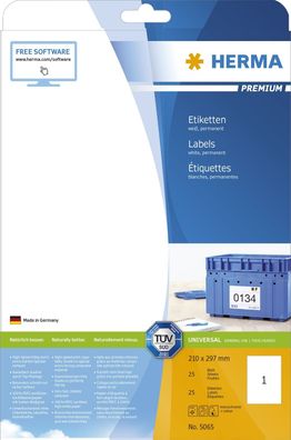 Herma 5065 Etiketten Premium A4, weiß 210x297 mm Papier matt 25 St