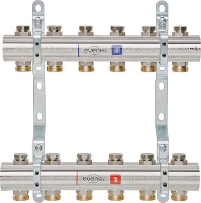 Heizkreisverteiler Evenes Typ M4.6, DN25 (1) Messing, 6 Heizkreise, . Reguliervent