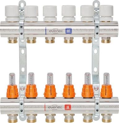 Heizkreisverteiler Evenes Typ M6.8, DN25 (1) Messing, 8 Heizkreise, . Durchflussme
