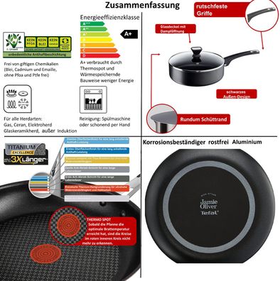 Tefal E77609 Jamie Oliver 24cm Schmorpfanne mit Deckel 4 Tlg, Antihaft Servier