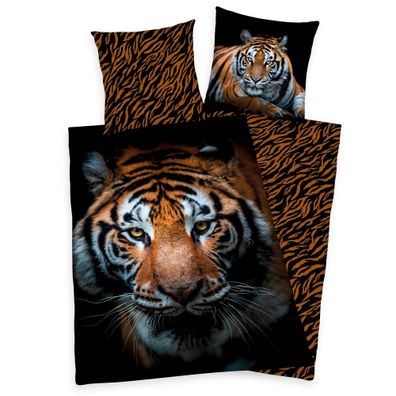 Wende Bettwäsche Set mit Tiger 135 x 200 cm 80 x 80 cm 100% Baumwolle