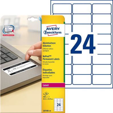 Avery Zweckform® L6146-20 L6146-20 Etikett Sicherheit - 63,5 x 33,9 mm, weiß, 480