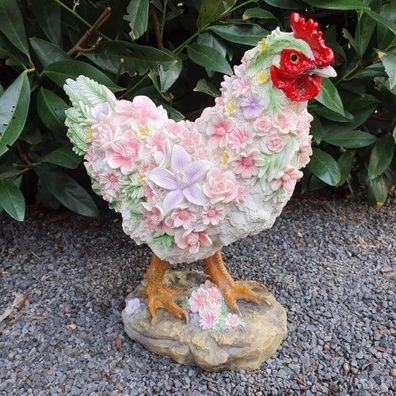 Gartenfigur Huhn Figur mit Blumen Federn 31 cm