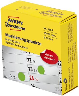 Avery Zweckform® 3855 3853 Markierungspunkte - Ø 19 mm, Spender mit 250 Etiketten,