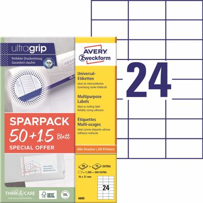 Avery Zweckform® 6605 6605 Universal-Etiketten ultragrip - 70 x 37 mm, weiß, 1.560