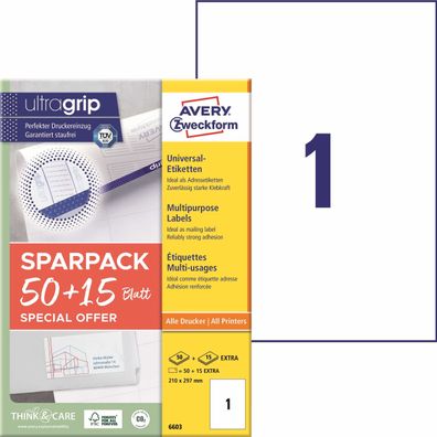 Avery Zweckform® 6603 6603 Universal-Etiketten ultragrip - 210 x 297 mm, weiß, 65