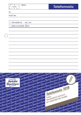 Avery Zweckform® 1019 1019 Telefonnotiz, DIN A5, vorgelocht, 50 Blatt, weiß