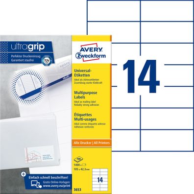 Avery Zweckform® 3653 3653 Universal-Etiketten ultragrip - 105 x 42,3 mm, weiß,