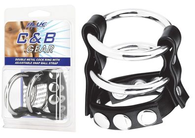 BLUE LINE C&B GEAR Double Metal Cock Ring With Adjust. Snap Ball Strap