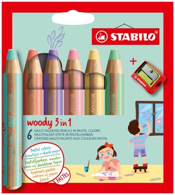 STABILO® 8806-3 Buntstift, Wasserfarbe & Wachsmalkreide - woody 3 in 1 - 6er Pack