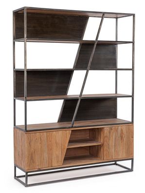 Bücherregal Janak 145x40x198cm Akazienholz Natur mit Stahlgestell und 2 Türen