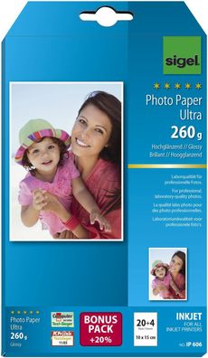 Sigel® IP606 Inkjet Fotopapier Ultra - 10x15 cm, hochglänzend, 260 g/qm, 24 Blatt