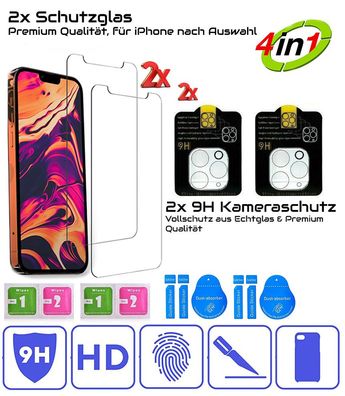 2x Panzerfolie Schutz Glas 9H iPhone 13 12 11 XR X S Mini Pro Max + 2x 9H Kamera