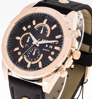 Herrenuhr Akzent schwarz rosegold XXL 47mm