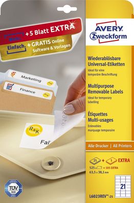 Avery Zweckform® L6023REV-25 Universal-Etiketten - 63,5 x 38,1 mm, weiß, 630 Etike