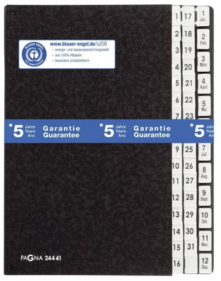 Pagna® 24441-04 Pultordner 1-31 und 1-12 / Jan.-Dez. - 44 Fächer, Hartpappe, schwarz