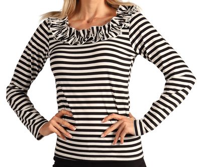 Ringelshirt mit Rüschen Damen schwarz weiß Harlekin Pierrot Karneval Kostüm
