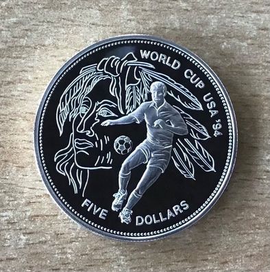 Barbados 5 Dollars 1994 Indianerkopf Spieler Fußball PP Silbermünze Zertifikat