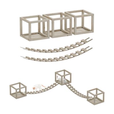 QLS Katzen Kletterwand Set mit 2 Brücken und 3 Liegen aus Holz Deckenmontage 11018