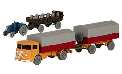 Set Wiking-Verkehrs-Modelle 83 Büssing 4500 PrLZ, Lanz D 2016 und Landwirtschaftliche