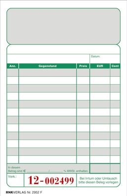 RNK Verlag 2952F Kassenblock - zweifarbig - oben geheftet, 2 x 50 Blatt, 96 x 167