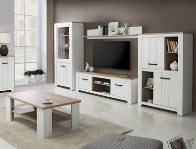 Wohnzimmer Eike 30 weiß Eiche Bianco 5-teilig Wohnwand Couchtisch