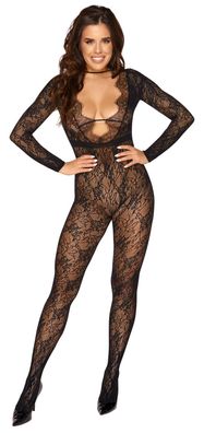 Sexy Catsuit ouvert in Spitzenoptik BodyStocking mit tiefem Ausschnitt Gr. One Size