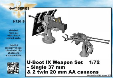 CMK 1:72 U-Boot IX Weapon Set-Single37mm&2twin20m AA cannons for Revell kit