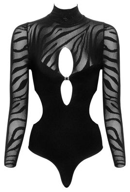 Langarm Body Schwarz mit Seiten Cut-Outs und Strass- Applikation Gr. One Size