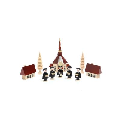 Weihnachtsfiguren Seiffener Kirche mit Kurrende und Bäume natur Höhe ca 13cm NEU