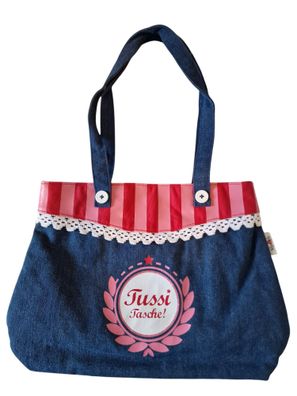 Modische "Tussi Tasche" aus blauer Baumwolle in Jeans Optik und pinken Akzenten