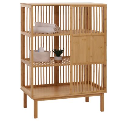 Bambus Standregal HWC-N81, Badezimmerschrank Badschrank, 3 Regalböden Schiebetür FSC®