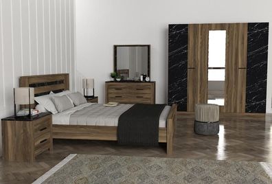 Schlafzimmer Set Bett+2X Nachttische+Kommode+Kleiderschrank 5Tlg Braun Luxus