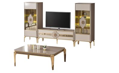 Wohnzimmer Garnitur Tv Ständer Vitrinen Couchttisch Schrank Beige 4Tlg