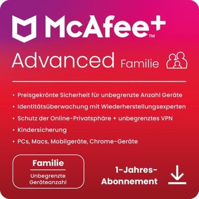 McAfee+ Advanced Family Security - 2 + 4 Nutzer / Unbegrenzt-Geräte / 1 Jahr ESD)