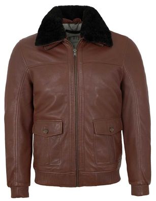 Deercraft - Herren Lederjacke Lammfellkragen Lammnappa dunkel cognac