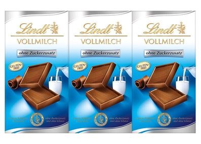 Lindt 3 x 100g Feinste Vollmilch Chocolade ohne Zuckerfrei und Glutenfrei