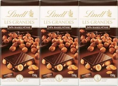 Lindt 3x 150g. Les Grandes Feinherb 34 % caramelisierte Haselnüsse