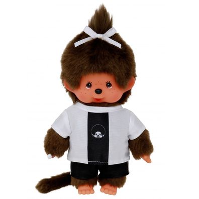 Mädchen im Fußball-Trikot | 20 cm Monchhichi Puppe mit einem Zöpfchen