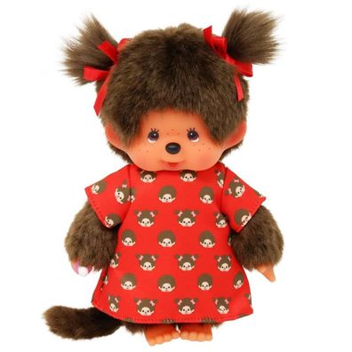 Mädchen im Monchi-Kleid | 20 cm Monchhichi Puppe | zwei rote Zöpfchen