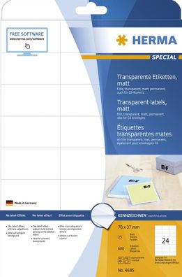 Herma 4685 Herma transp. Etiketten 70x37 25 Blatt DIN A4 600 Stück 4685