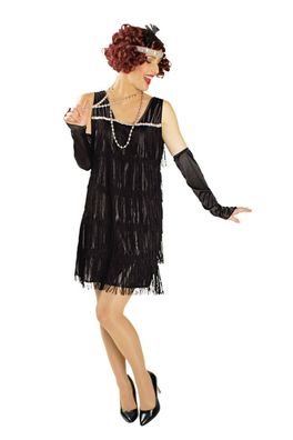 schwarzes Charlestonkleid 20er Jahre Flapper Kostüm mit Zubehör Krimi Karneval