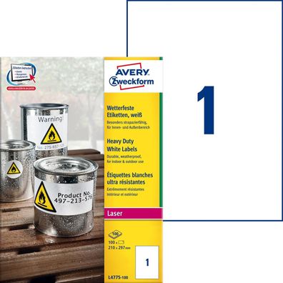 Avery Zweckform® L4775-100 L4775-100 Folienetiketten - 210 x 297 mm, weiß, 100