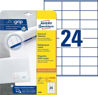 Avery Zweckform® 3490 Universal-Etiketten ultragrip - 70 x 36 mm, weiß, 720 Etiket