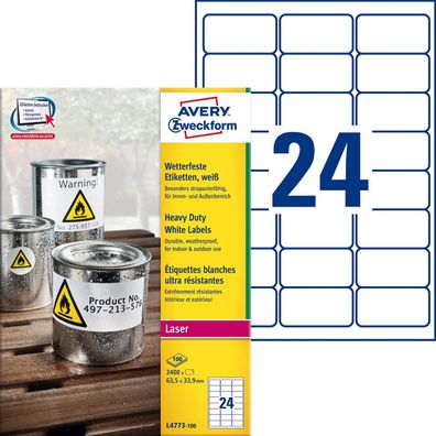 Avery Zweckform® L4773-100 L4773-100 Folienetiketten - 63,5 x 33,9 mm, weiß, 2400