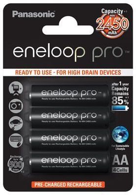 Panasonic - eneloop Pro Akku AA - BK-3HCDE/4BE - 1,2 Volt 2500mAh Ni-MH - 4er-Blister