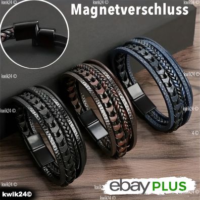 Leder Armband Herren Schwarz Echtes Edelstahl Magnetverschluss Männer Geschenk