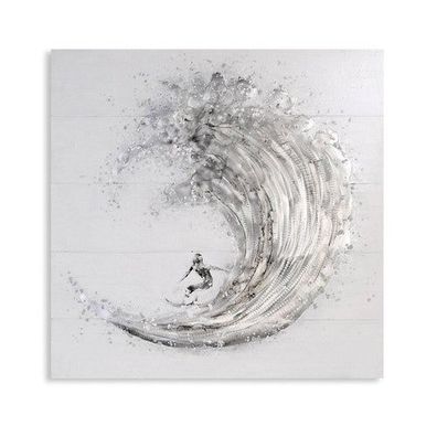 Metallbild auf Holz "Surfer", weiß/grau/silber 100x100cm, von Gilde Handwerk