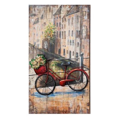 Metall Bild "Blumenfahrrad" auf Holz, 5,8x70x120cm, von Gilde Handwerk